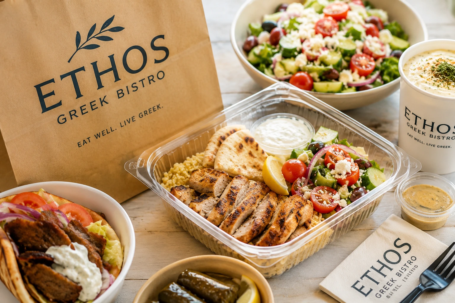 Ethos Greek Bistro takeout meal with fresh Mediterranean food