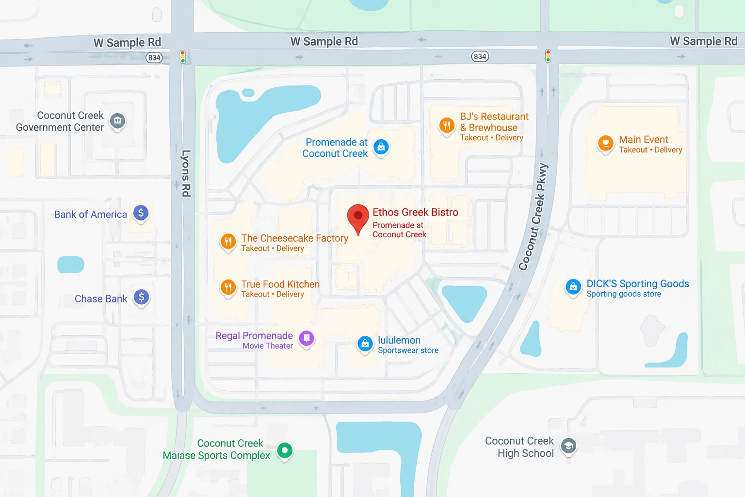 Map showing Ethos Greek Bistro at the Promenade in Coconut Creek