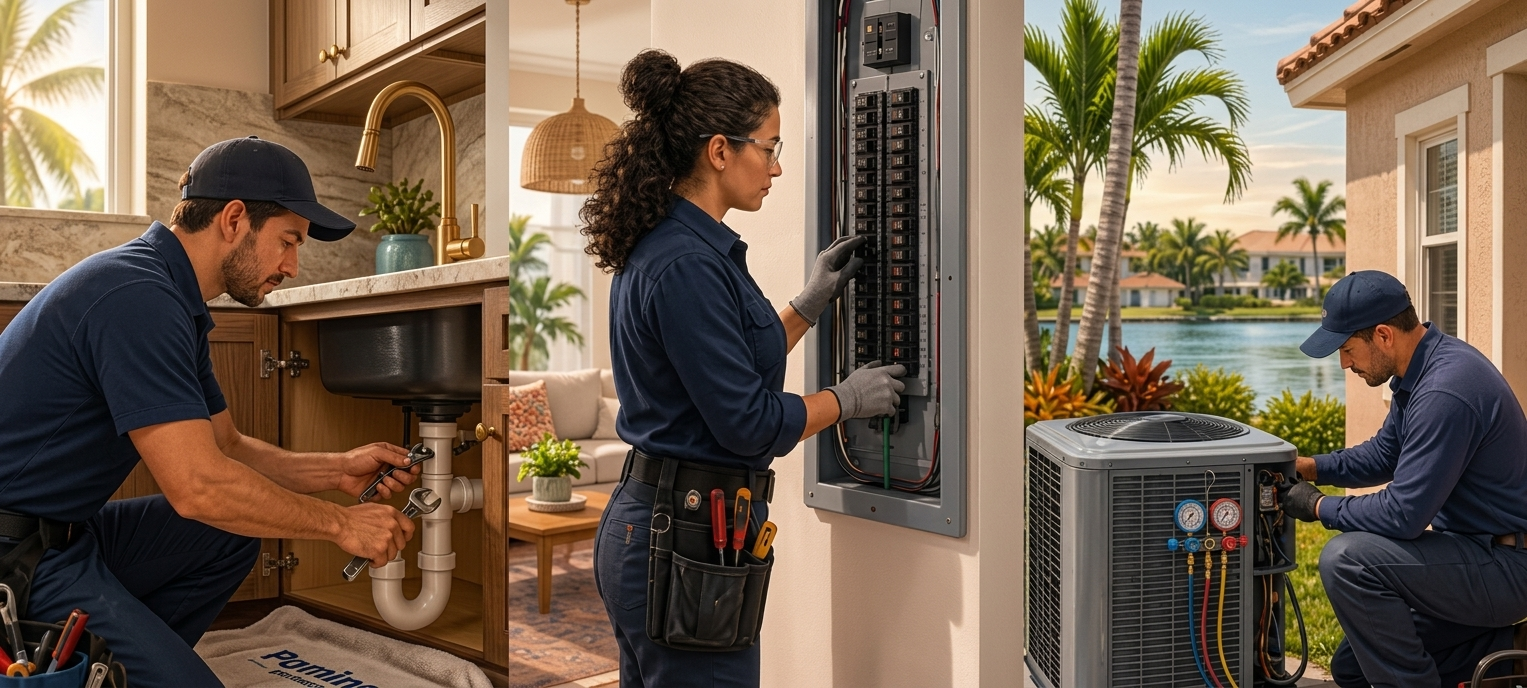 Plumber, electrician, and AC technician working in local homes